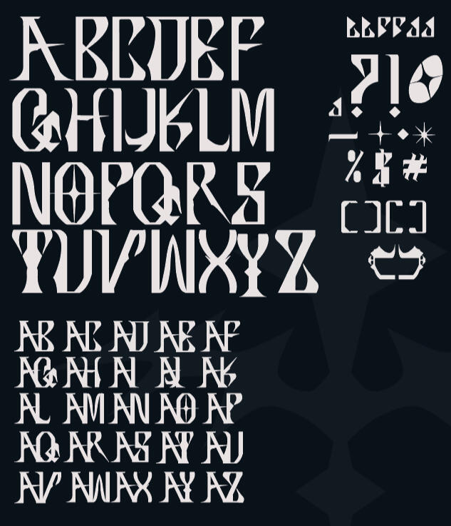 Astrodyne Alphabet A spread of Astrodyne text, black and white, with gothic curves and sharp edges